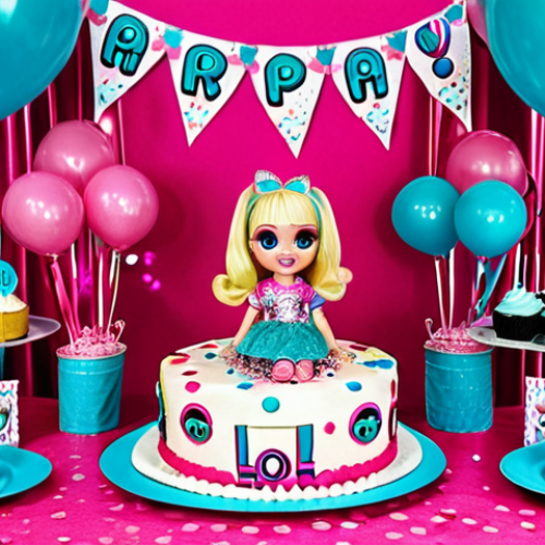 Home 24 **
A vibrant and glittery LOL Surprise themed birthday party table setting. Focus on the cake decorated as an LOL doll head with colorful frosting. Cupcakes and cake pops are visible, all themed with LOL Surprise colors and characters. Balloons, streamers, and personalized banners with the birthday girl's name in a bubbly, cartoon font are in the background. Emphasis on a joyful, celebratory atmosphere.
**