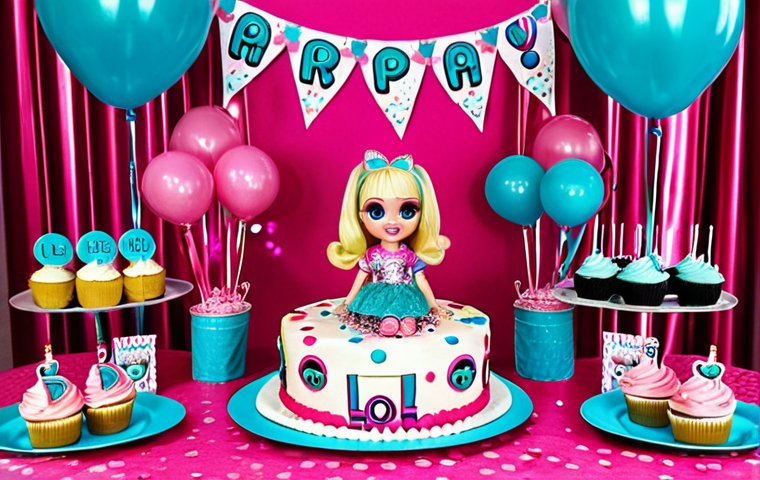 **
A vibrant and glittery LOL Surprise themed birthday party table setting. Focus on the cake decorated as an LOL doll head with colorful frosting. Cupcakes and cake pops are visible, all themed with LOL Surprise colors and characters. Balloons, streamers, and personalized banners with the birthday girl's name in a bubbly, cartoon font are in the background. Emphasis on a joyful, celebratory atmosphere.
**