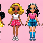 **Prompt:** A vibrant and detailed illustration showcasing the evolution of LOL Surprise! doll designs. The image should depict a timeline, starting with early, simpler designs featuring bright primary colors, and progressing towards more recent, sophisticated styles reflecting modern fashion trends like athleisure (sporty outfits, colorful sneakers). Include examples of vintage-inspired looks (polka dot dresses, retro accessories) to highlight the range. The background should be colorful and playful.