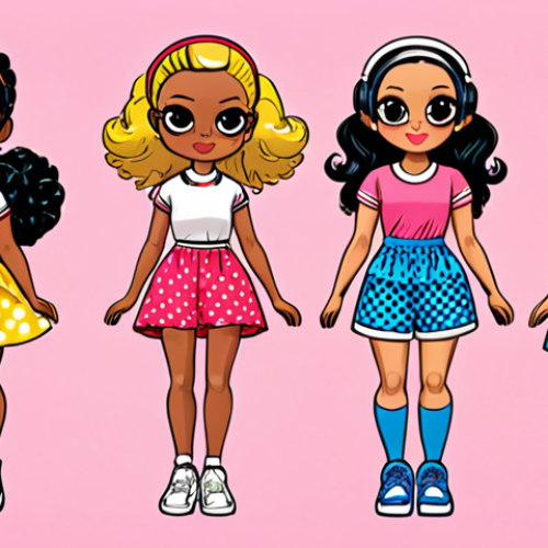 Home 23 **Prompt:** A vibrant and detailed illustration showcasing the evolution of LOL Surprise! doll designs. The image should depict a timeline, starting with early, simpler designs featuring bright primary colors, and progressing towards more recent, sophisticated styles reflecting modern fashion trends like athleisure (sporty outfits, colorful sneakers). Include examples of vintage-inspired looks (polka dot dresses, retro accessories) to highlight the range. The background should be colorful and playful.