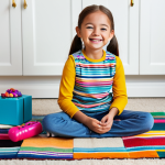 A joyful young girl, approximately 7 years old, with a wide smile, fully clothed in a modest, age-appropriate colorful top and pants, sits comfortably on a soft rug in a bright, clean playroom. Her hands are delicately unwrapping the final layer of a multi-layered surprise toy, revealing a small, intricately detailed collectible doll. Surrounding her are several opened layers of packaging and tiny, colorful accessories, creating a sense of discovery and anticipation. The scene is captured with professional photography, showcasing vibrant colors and soft, natural lighting. safe for work, appropriate content, family-friendly, perfect anatomy, correct proportions, natural pose, well-formed hands, proper finger count, natural body proportions.