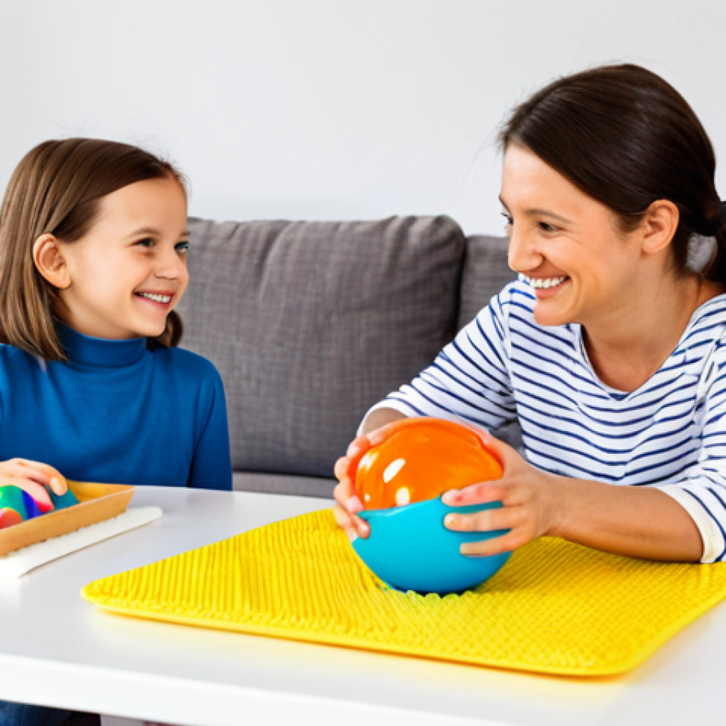 A joyful mother and her young daughter (around 6-7 years old) sitting together at a low, child-friendly table. Both are fully clothed in comfortable, modest, everyday attire. The scene is set in a brightly lit, clean living room or playroom. The table is covered with a washable, protective mat. On the table, there are small, neatly arranged plastic bowls for tiny toy accessories and a small, stable plastic basin of water. Towels are neatly folded nearby. The daughter carefully unwraps a layer of a colorful toy sphere, her eyes wide with anticipation, while the mother gently guides her, a warm, reassuring smile on her face. The image emphasizes an organized and joyful unboxing experience. perfect anatomy, correct proportions, natural pose, well-formed hands, proper finger count, natural body proportions, professional photography, high quality, vibrant colors, soft lighting, safe for work, appropriate content, fully clothed, family-friendly.