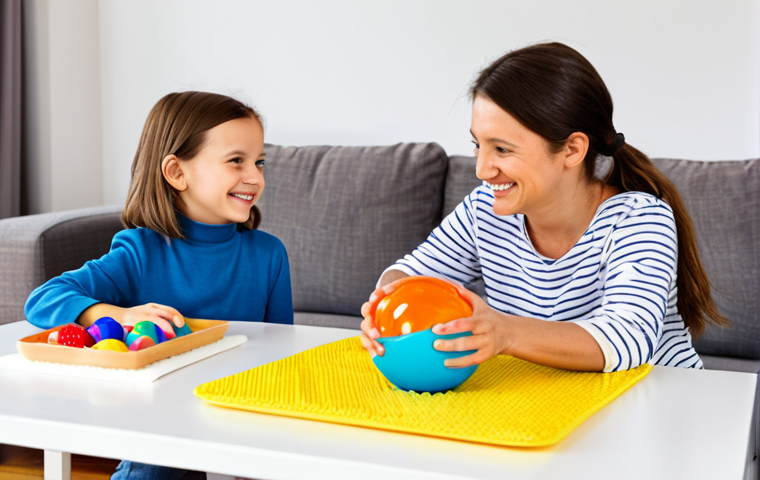 A joyful mother and her young daughter (around 6-7 years old) sitting together at a low, child-friendly table. Both are fully clothed in comfortable, modest, everyday attire. The scene is set in a brightly lit, clean living room or playroom. The table is covered with a washable, protective mat. On the table, there are small, neatly arranged plastic bowls for tiny toy accessories and a small, stable plastic basin of water. Towels are neatly folded nearby. The daughter carefully unwraps a layer of a colorful toy sphere, her eyes wide with anticipation, while the mother gently guides her, a warm, reassuring smile on her face. The image emphasizes an organized and joyful unboxing experience. perfect anatomy, correct proportions, natural pose, well-formed hands, proper finger count, natural body proportions, professional photography, high quality, vibrant colors, soft lighting, safe for work, appropriate content, fully clothed, family-friendly.