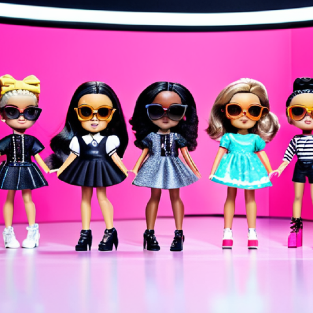 LOL Surprise Fashion Show**

A group of diverse LOL Surprise dolls, fully clothed in trendy miniature outfits including street style, glam rock, and vintage-inspired looks, showcased on a brightly lit runway stage with a pink backdrop. The dolls feature varied accessories like sunglasses, handbags, and jewelry. Cheering crowd in the background. Safe for work, appropriate content, family-friendly, perfect anatomy, correct proportions, well-formed hands, proper finger count, professional digital art.

**