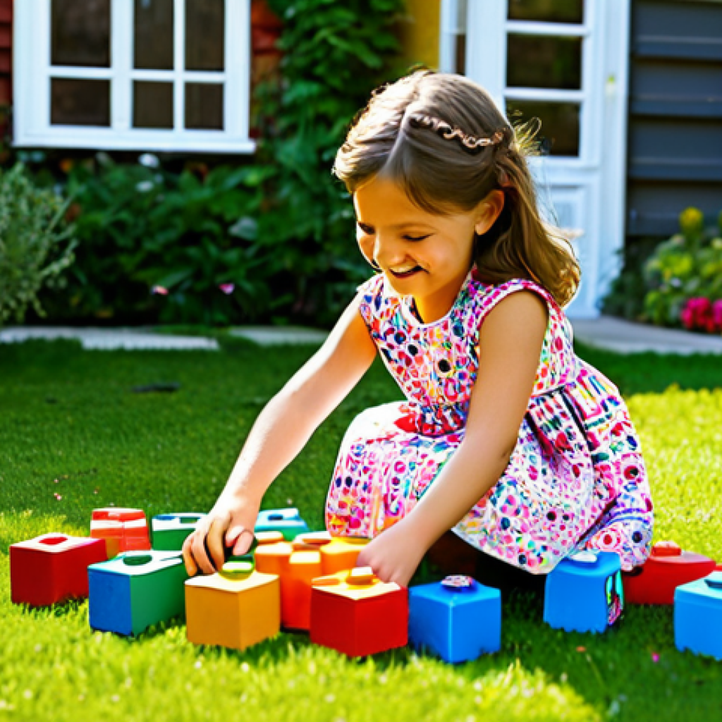 **

"A young girl, around 7 years old, fully clothed in a colorful sundress and sandals, is happily playing with building blocks in a sunny garden. There are flowers and butterflies around her. The blocks are various shapes and colors. She has a bright smile and is focused on her creation. Safe for work, appropriate content, family-friendly, perfect anatomy, natural pose, professional children's book illustration, high quality."

**