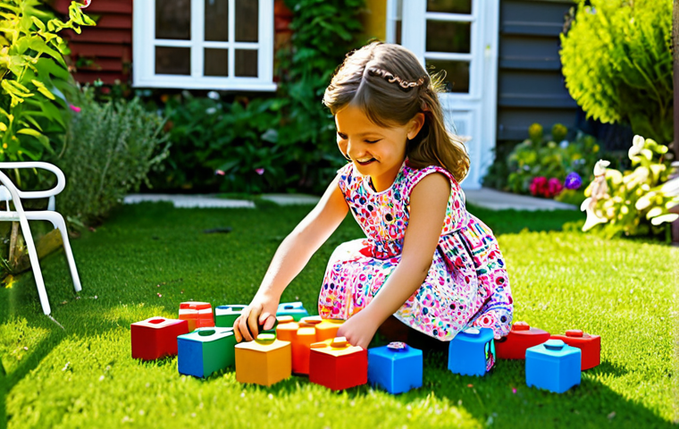 **

"A young girl, around 7 years old, fully clothed in a colorful sundress and sandals, is happily playing with building blocks in a sunny garden. There are flowers and butterflies around her. The blocks are various shapes and colors. She has a bright smile and is focused on her creation. Safe for work, appropriate content, family-friendly, perfect anatomy, natural pose, professional children's book illustration, high quality."

**