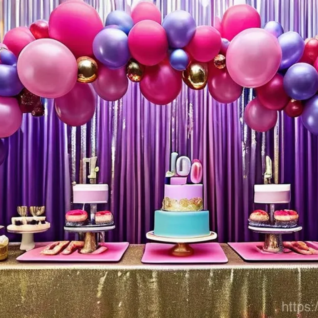 LOL 서프라이즈를 주제로 한 키즈 파티 아이디어 - **Vibrant LOL Surprise Party Scene:** A joyous and bustling birthday party scene, exploding with a k...