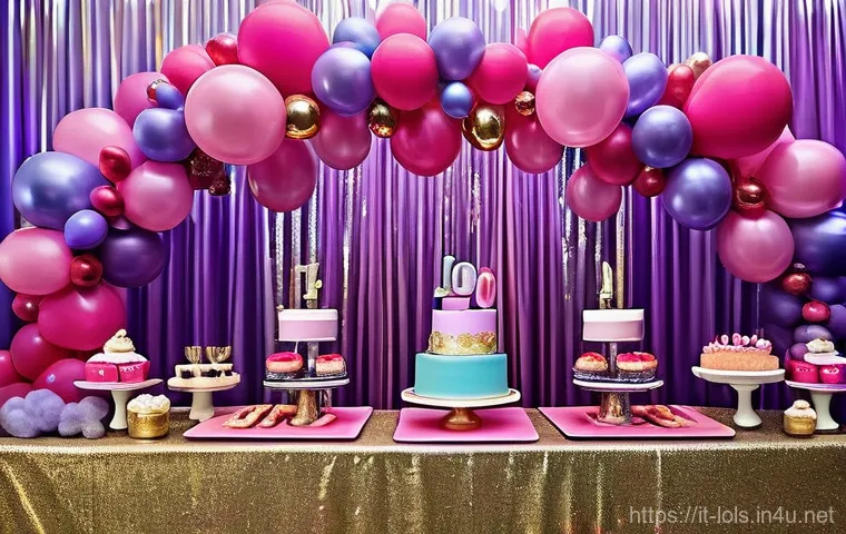 LOL 서프라이즈를 주제로 한 키즈 파티 아이디어 - **Vibrant LOL Surprise Party Scene:** A joyous and bustling birthday party scene, exploding with a k...
