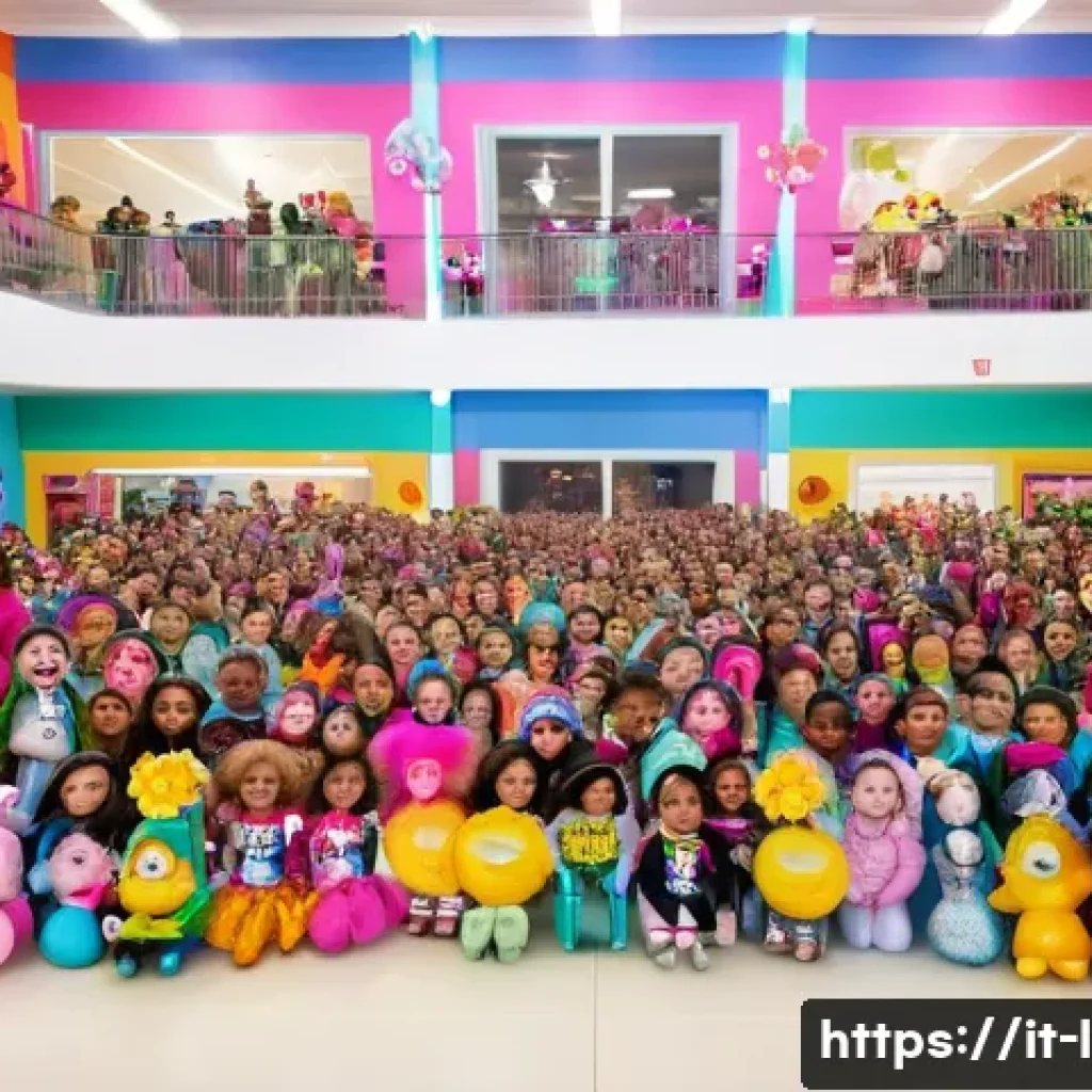 LOL 서프라이즈 언박싱 체험 이벤트 - **Prompt:** A vibrant and festive LOL Surprise event hall, bustling with excitement. Colorful decora...