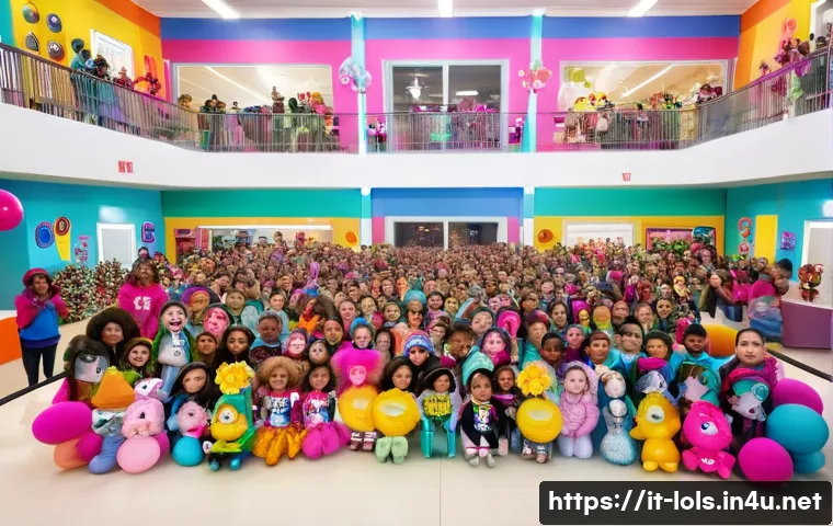 LOL 서프라이즈 언박싱 체험 이벤트 - **Prompt:** A vibrant and festive LOL Surprise event hall, bustling with excitement. Colorful decora...