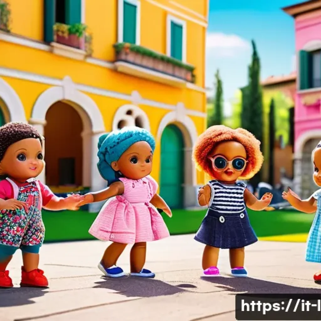 LOL 서프라이즈의 상품 개발 과정 - A vibrant and detailed scene showing a group of diverse children in a lively urban playground in Ita...
