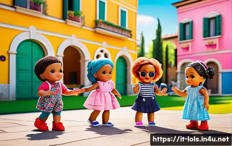 LOL 서프라이즈의 상품 개발 과정 - A vibrant and detailed scene showing a group of diverse children in a lively urban playground in Ita...