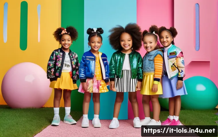 LOL 서프라이즈의 브랜드 확장과 시장 전망 - A vibrant scene showcasing a group of young children in colorful, trendy LOL Surprise-themed clothin...