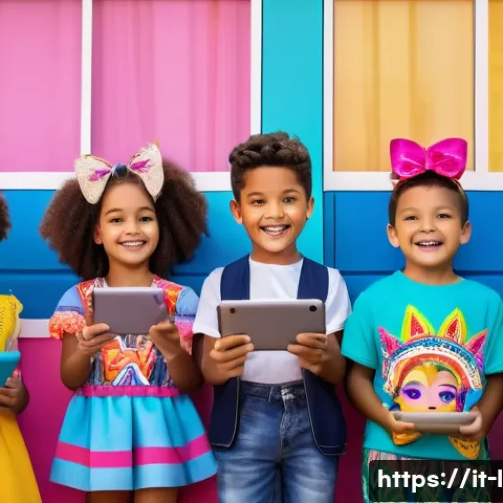 LOL 서프라이즈의 글로벌 시장 확장 계획 - A vibrant scene showcasing a diverse group of children in Brazil playing with LOL Surprise dolls wea...