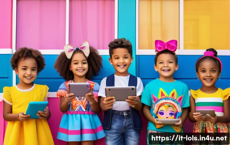 LOL 서프라이즈의 글로벌 시장 확장 계획 - A vibrant scene showcasing a diverse group of children in Brazil playing with LOL Surprise dolls wea...