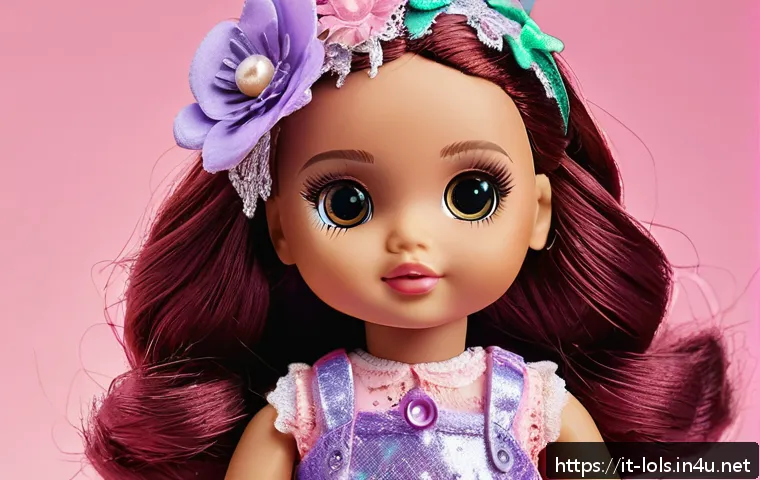 LOL 서프라이즈의 장난감 트렌드 비교 - A detailed close-up of a LOL Surprise doll wearing colorful fabric clothes with intricate lace and g...