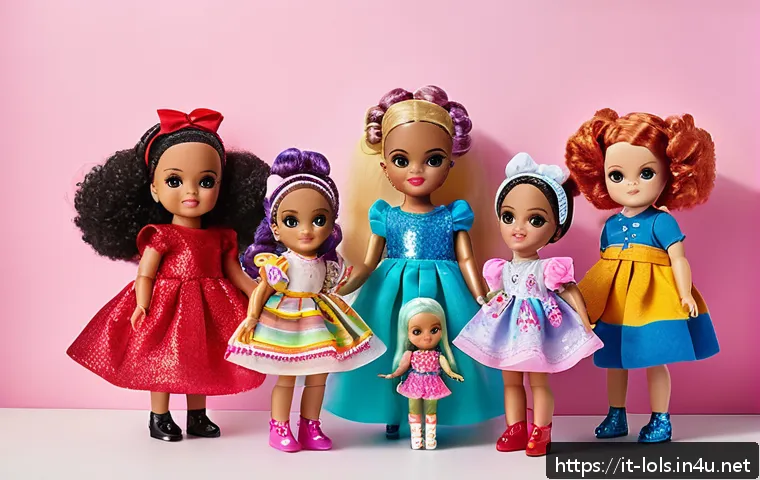 LOL 서프라이즈와 관련된 다양한 문화적 요소 - A vibrant, colorful scene showcasing a diverse group of LOL Surprise dolls arranged in a playful set...