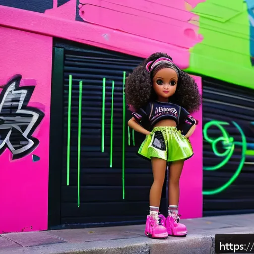 LOL 서프라이즈의 컬러 팔레트 - A vibrant urban street style LOL Surprise doll wearing trendy neon pink and black clothing with meta...