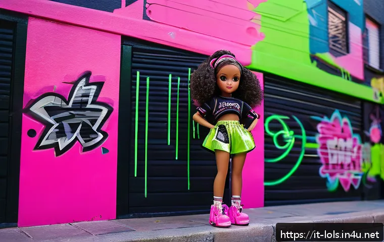 LOL 서프라이즈의 컬러 팔레트 - A vibrant urban street style LOL Surprise doll wearing trendy neon pink and black clothing with meta...