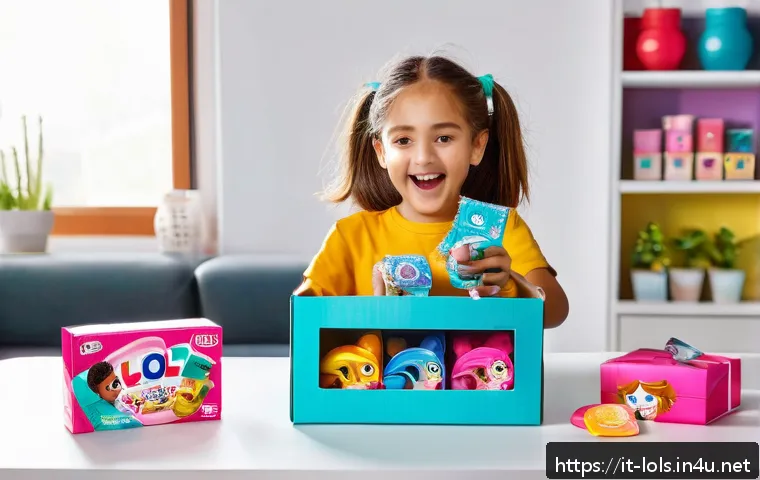 LOL 서프라이즈의 브랜드 성공 요인 - A vibrant, detailed scene of a child’s hands eagerly unboxing a LOL Surprise doll set, showcasing mu...