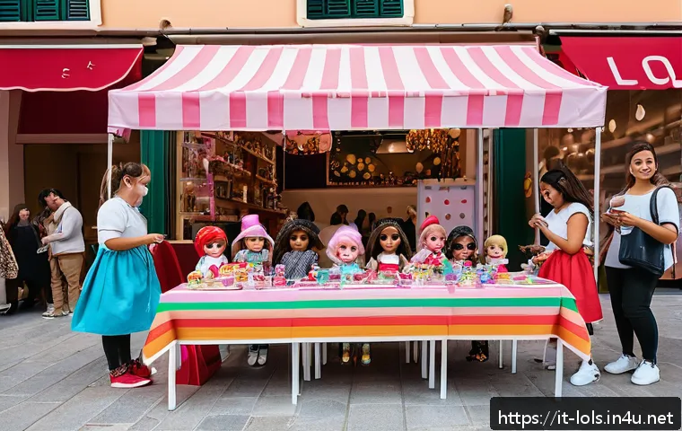 LOL 서프라이즈 팬덤 문화 - A vibrant and detailed scene of an Italian community event dedicated to LOL Surprise dolls, featurin...