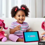 Home 19 LOL 서프라이즈의 새로운 기능 추가 계획 - A vibrant scene showing a child playing with LOL Surprise dolls enhanced by augmented reality techno...