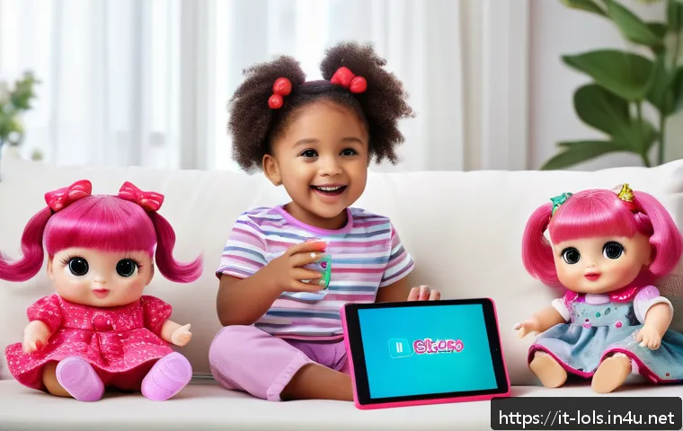 LOL 서프라이즈의 새로운 기능 추가 계획 - A vibrant scene showing a child playing with LOL Surprise dolls enhanced by augmented reality techno...