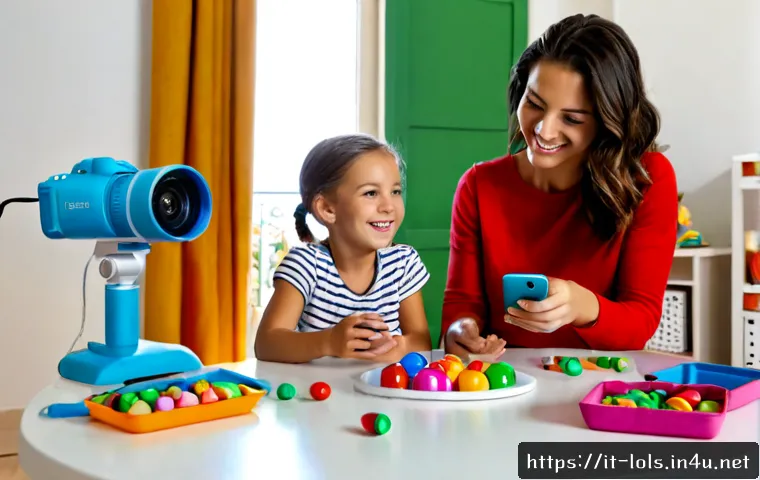 Home 17 LOL 서프라이즈를 주제로 한 키즈 콘텐츠 제작법 - Photorealistic Italian family craft table in a bright home studio, a cheerful parent and two childre...